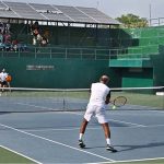 Men's Singles Final set Aqeel Khan and Muzammil Murtaza in action during the 1st emerging Pakistan National Ranking Tennis Championship 2025 organized by the Pakistan Tennis Federation at PTF Tennis Complex