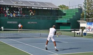 Men's Singles Final set Aqeel Khan and Muzammil Murtaza in action during the 1st emerging Pakistan National Ranking Tennis Championship 2025 organized by the Pakistan Tennis Federation at PTF Tennis Complex