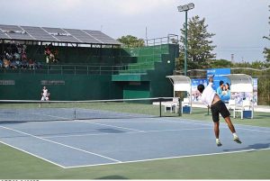 Men's Singles Final set Aqeel Khan and Muzammil Murtaza in action during the 1st emerging Pakistan National Ranking Tennis Championship 2025 organized by the Pakistan Tennis Federation at PTF Tennis Complex