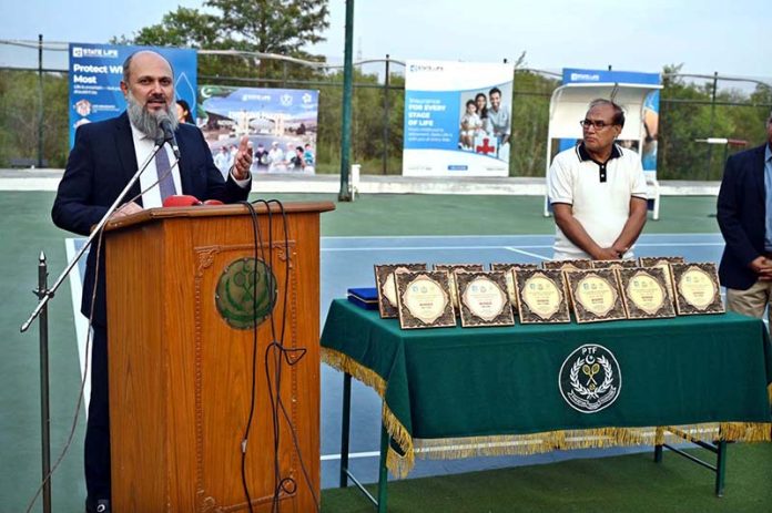 Federal Minister for commerce Jam Kamal Khan addressing to prize distribution ceremony of 1st emerging Pakistan National Ranking Tennis Championship 2025 Final organized by the Pakistan Tennis Federation at PTF Tennis Complex