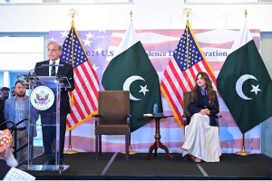 Prime Minister Muhammad Shehbaz Sharif addresses a ceremony organized on the eve of 249th anniversary of Independence day of United States of America