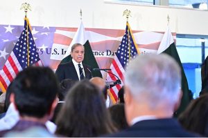 Prime Minister Muhammad Shehbaz Sharif addresses a ceremony organized on the eve of 249th anniversary of Independence day of United States of America