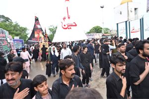 A large number of mourners participating in the main procession of 9th Muharram-ul-Haram, commonly known as Youm-e-Ashura in G-6 sector. Muharram-ul-Haram, the first month of the Islamic calendar, is a period of mourning in remembrance of the martyrdom of Hazrat Imam Hussain (AS), the grandson of the Holy Prophet Muhammad (SAWW), along with his family and companions at Karbala