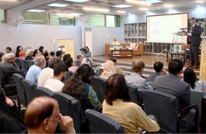 H.E. Mr. Albert Khorev, Ambassador of the Russian Federation to the Islamic Republic of Pakistan, addresses the audience during the book launching ceremony (Titled) “Selected Russian Short Stories” at the Literary Museums of Pakistani Languages, Pakistan Academy of Letters.