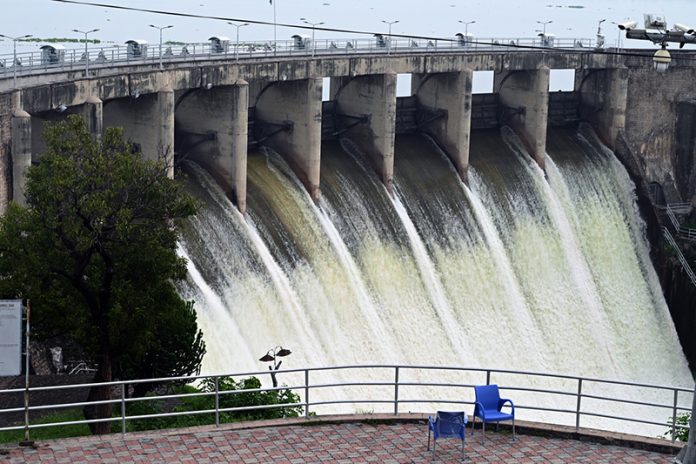 A view of the spillways of Rawal Dam being opened as a precautionary measure following a rise in water levels due to recent heavy rains
