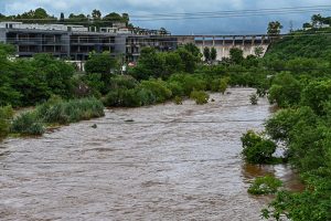 A view of the Korang Nullah connected to Rawal Dam, where the water level has risen following the opening of the dam's spillways as a precautionary measure due to recent heavy rains.