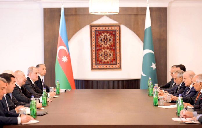 Prime Minister Muhammad Shehbaz Sharif meets President of Azerbaijan Ilham Alyev on the sideline of the 17th ECO Summit