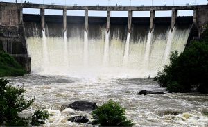 A view of the spillways of Rawal Dam being opened as a precautionary measure following a rise in water levels due to recent heavy rains