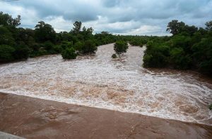 A view of the Korang Nullah connected to Rawal Dam, where the water level has risen following the opening of the dam's spillways as a precautionary measure due to recent heavy rains.