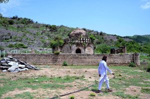 A view of the tomb of Sultan Muqarab Khan, tomb measuring 7x7x3.5m, octagonal in shape, having its entrance to the east. It has low height dome decorated with leaf patterns. Muqarab Khan Tomb located at a small village ‘Bagh Jogian’ in the vicinity of Islamabad. Sultan Muqarab Khan (1719-1769 C.E.) was last chieftain of Gakhar tribe. He sided with Nadir Shah and took part in the battle of Karnal in 1739 C.E. As a reward for his services, he was confirmed in his possession of the fort of Pharwala. In 1765 C.E he was defeated by the Sikhs under Sardar Milka Singh at Gujrat and had to surrender the whole of his possessions up to Jhelum. Four year later in 1769 C.E., he was treacherously captured by a rival chief, Himmat Khan and put to death. APP/MAF/TZD