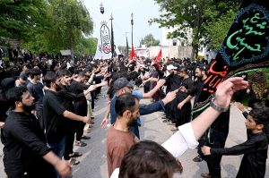A large number of mourners participating in the main procession of 9th Muharram-ul-Haram, commonly known as Youm-e-Ashura in G-6 sector. Muharram-ul-Haram, the first month of the Islamic calendar, is a period of mourning in remembrance of the martyrdom of Hazrat Imam Hussain (AS), the grandson of the Holy Prophet Muhammad (SAWW), along with his family and companions at Karbala