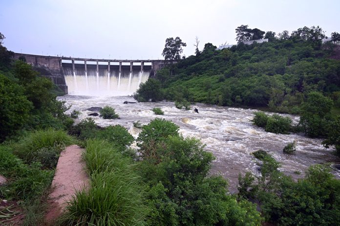 A view of the spillways of Rawal Dam being opened as a precautionary measure following a rise in water levels due to recent heavy rains