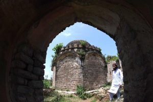 A view of the tomb of Sultan Muqarab Khan, tomb measuring 7x7x3.5m, octagonal in shape, having its entrance to the east. It has low height dome decorated with leaf patterns. Muqarab Khan Tomb located at a small village ‘Bagh Jogian’ in the vicinity of Islamabad. Sultan Muqarab Khan (1719-1769 C.E.) was last chieftain of Gakhar tribe. He sided with Nadir Shah and took part in the battle of Karnal in 1739 C.E. As a reward for his services, he was confirmed in his possession of the fort of Pharwala. In 1765 C.E he was defeated by the Sikhs under Sardar Milka Singh at Gujrat and had to surrender the whole of his possessions up to Jhelum. Four year later in 1769 C.E., he was treacherously captured by a rival chief, Himmat Khan and put to death. APP/MAF/TZD