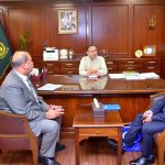 Federal Minister for Maritime Affairs, Muhammad Junaid Anwar Chaudhry talking to Mahmood Akhtar Cheema, Country Representative of the International Union for Conservation of Nature (IUCN), who called on him at his office