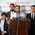 Federal Minister for National Health Services, Regulations & Coordination Syed Mustafa Kamal addressing the launching ceremony of Yellow Vehicles for Infectious Medical Waste Management organized by Indus Hospital & Health Network