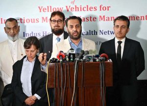 Federal Minister for National Health Services, Regulations & Coordination Syed Mustafa Kamal addressing the launching ceremony of Yellow Vehicles for Infectious Medical Waste Management organized by Indus Hospital & Health Network