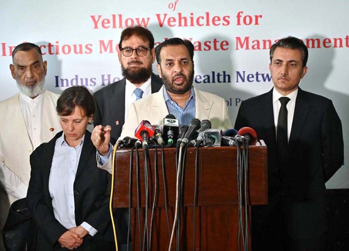 Federal Minister for National Health Services, Regulations & Coordination Syed Mustafa Kamal addressing the launching ceremony of Yellow Vehicles for Infectious Medical Waste Management organized by Indus Hospital & Health Network