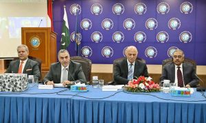 President PAISAR, Mushahid Hussain Sayed addressing during ceremony to celebrate Egypt's Revolution Day at Institute of Strategic Studies Islamabad (ISSI).