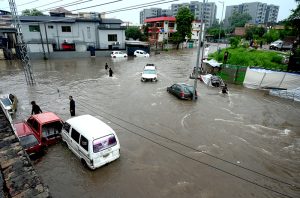 Rahimabad area submerged in water due to heavy rain experienced in the twin cities.