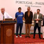 H.E. Frederico Silva, Ambassador of Portugal to Pakistan, addresses the audience during the Portugal-Pakistan Chess Tournament held at a local hotel to celebrate 75 years of diplomatic relations between the two countries
