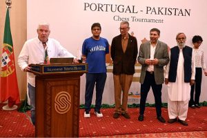 H.E. Frederico Silva, Ambassador of Portugal to Pakistan, addresses the audience during the Portugal-Pakistan Chess Tournament held at a local hotel to celebrate 75 years of diplomatic relations between the two countries