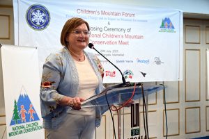 H.E. Marilina Armellin, Ambassador and Minister Plenipotentiary of the Italian Republic to Pakistan, addresses the closing ceremony of the 21st National Children’s Mountain Conservation Meet–2025 and Children’s Mountain Forum, held under the theme ‘Climate Change and its Impact on the Mountain Environment,’ at a local hotel