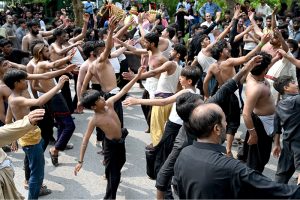 A large number of people attending the main procession of 8th Muharram-ul-Haram observing Youm-e-Ashura at G-9 Road. Muharram ul Harram, the first month of the Islamic calendar is known as the mourning month to pay homage in remembrance of the martyrdom (Shahadat) of Hazrat Imam Hussain (AS), the grandson of the Holy Prophet Mohammad (SAWW), along with his family members and companions at the battle of Karbala