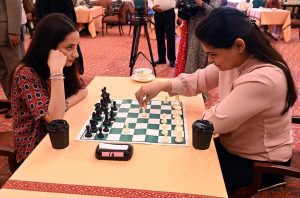 H.E. Frederico Silva, Ambassador of Portugal to Pakistan, takes part in the Portugal-Pakistan Chess Tournament, while Farah Naz Akbar, Parliamentary Secretary for the Ministry of Federal Education & Professional Training, observes the game. The tournament was held at a local hotel to mark 75 years of diplomatic relations between the two countries