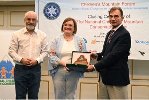 H.E. Marilina Armellin, Ambassador and Minister Plenipotentiary of the Italian Republic to Pakistan, addresses the closing ceremony of the 21st National Children’s Mountain Conservation Meet–2025 and Children’s Mountain Forum, held under the theme ‘Climate Change and its Impact on the Mountain Environment,’ at a local hotel