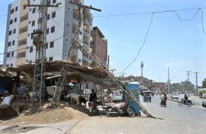 A damaged electric pole on Hala Naka Road, posing a safety risk and requiring urgent attention from the concerned authorities