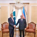 Speaker National Assembly Sardar Ayaz Sadiq shaking hand with the Prime Minister of Azerbaijan, Ali Asadov at Cabinet of Ministers in Baku, Azerbaijan