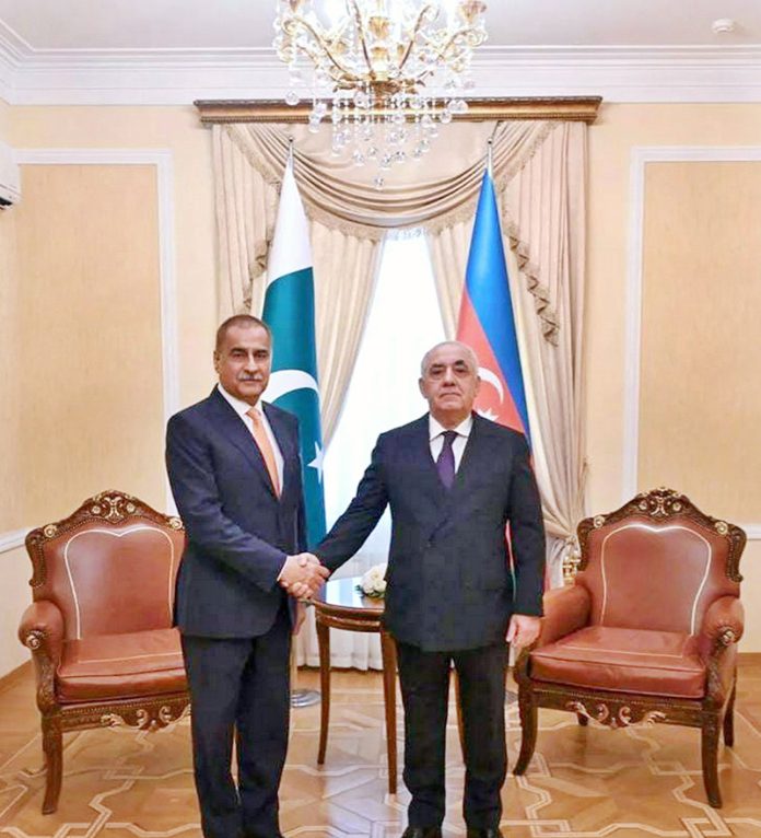 Speaker National Assembly Sardar Ayaz Sadiq shaking hand with the Prime Minister of Azerbaijan, Ali Asadov at Cabinet of Ministers in Baku, Azerbaijan