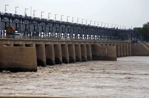 A view of the increased water level in the Indus River at Kotri Barrage due to ongoing heavy monsoon rains across the country.