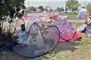 A vendor sells mosquito nets at a roadside stall in the Provincial Capital as a preventative measure against dengue and malaria