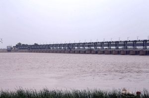 A view of the increased water level in the Indus River at Kotri Barrage due to ongoing heavy monsoon rains across the country.