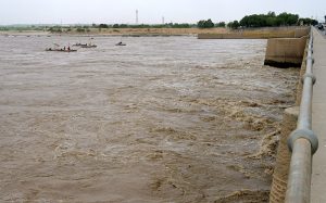 A view of the rising water level in the Indus River at Kotri Barrage, caused by ongoing heavy monsoon rains across the country