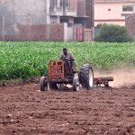 A farmer ploughs a field with a tractor to prepare the land for a new crop on the outskirts of a village