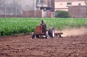 A farmer ploughs a field with a tractor to prepare the land for a new crop on the outskirts of a village