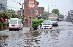 A view of rain water accumulated on the road after heavy rain in the city.