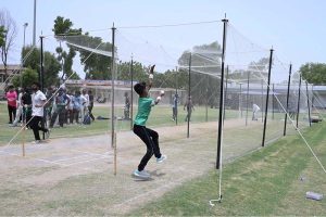 Young players giving the cricket trials for Prime Minister Youth program organized by Lahore Qalandars at Police Headquarter Ground