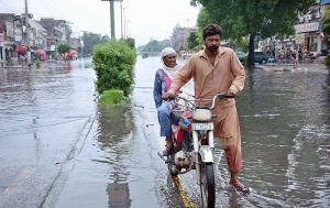 A view of rain water accumulated on the road after heavy rain in the city.