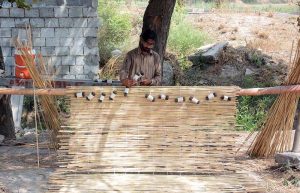 A worker busy crafting traditional bamboo curtains (chiks) by the roadside to attract customers.