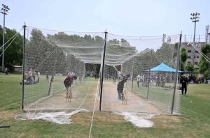Young players giving the cricket trials for Prime Minister Youth program organized by Lahore Qalandars at Police Headquarter Ground