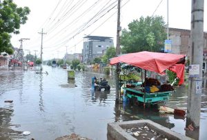 A view of rain water accumulated on the road after heavy rain in the city.