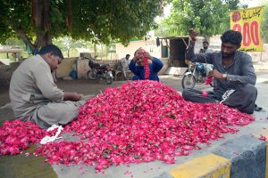 Workers string vibrant rose flowers into garlands at a roadside setup