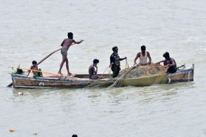 Fishermen busy in catching fish with fishing net on the boat at Indus River at Hussainabad