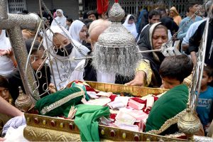 A large number of mourners attending the 9th Muharram Zuljinah procession passes through Sadar Road. Muharram Ul Haram is known as the first month of the Islamic calendar and the mourning month in remembrance of the martyrdom (Shahadat) of Hazrat Imam Hussain (AS), the grandson of the Holy Prophet Mohammad (SAWW)