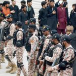 Security personnel high alert to protect the people attending the mourning procession of Ashura on 10th Muharram-ul-Haram at Empress Market. Shia Muslims commemorate the death anniversary of Hazrat Imam Hussein (AS), the grandson of prophet Muhammad (PBUH) and his companion, who were martyred in the battle of Karbala, Iraq