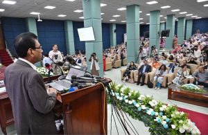 Federal Minister for Education and Professional Training, Dr. Khalid Maqbool Siddiqui, addresses the launching ceremony of the Annual Pakistan Non-Formal Education Statistical Report 2023-24 at the Auditorium of Allama Iqbal Open University (AIOU)
