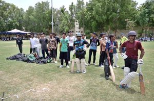 Young players giving the cricket trials for Prime Minister Youth program organized by Lahore Qalandars at Police Headquarter Ground